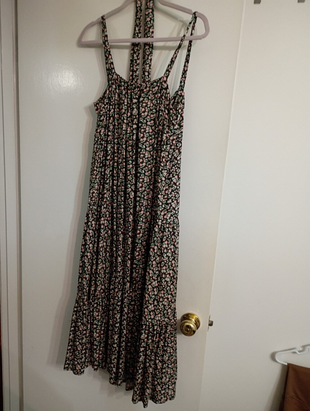 Black Floral Tiered Maxi Dress with Thin Straps And Belt Size XL